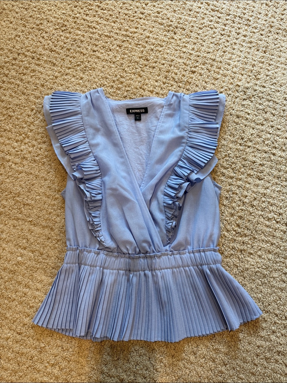 Express Light Blue Pleated Ruffle V-Neck Peplum Top
